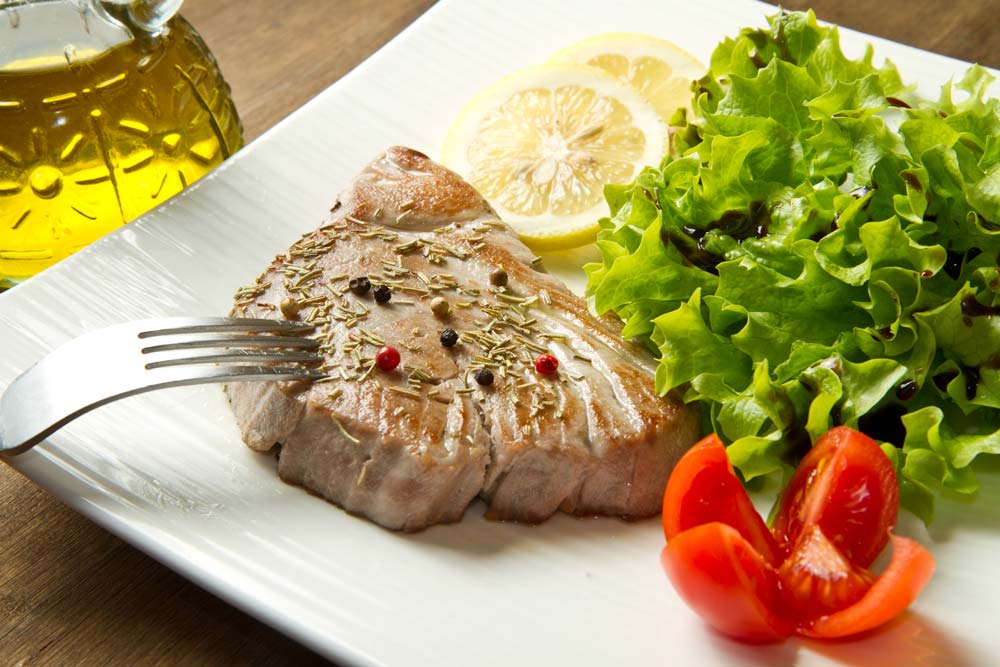 Grilled Cajun Tuna Steaks with a Mustard Smear and Tomato Salad – Plan ...